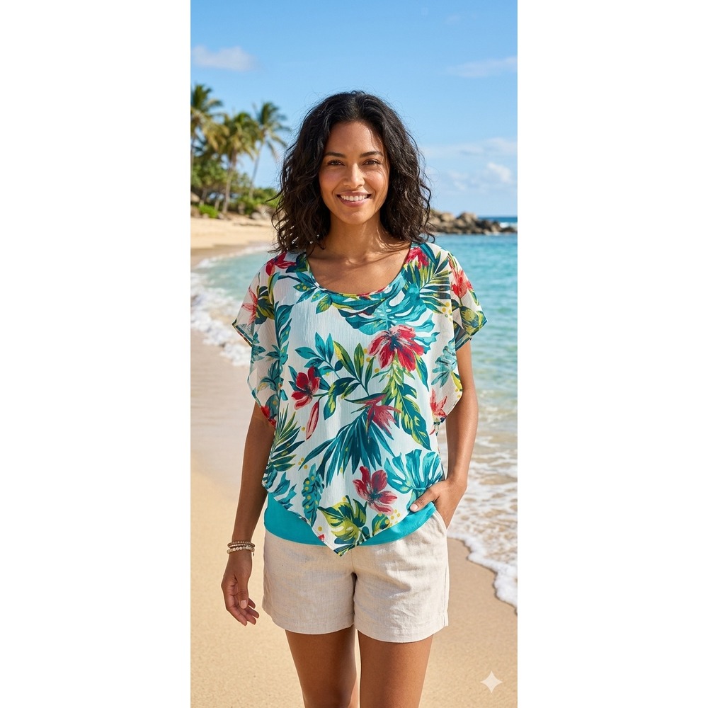 Apt. 9 Womens Large Tropical Floral Layered Chiffon Flutter Sleeve Blouse Teal
